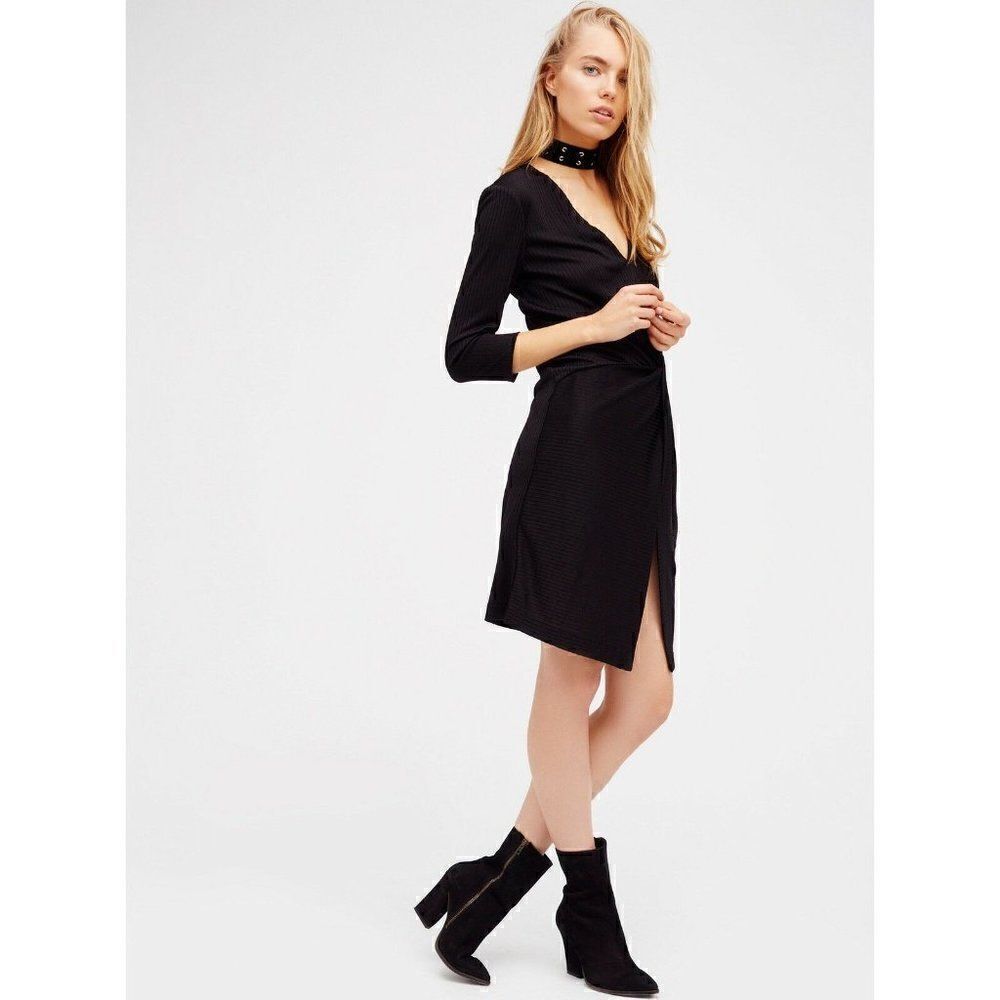 NEW FREE PEOPLE Sz XS IRENE TWIST KNIT RIBBED BODYCON MIDI DRESS BLACK $168